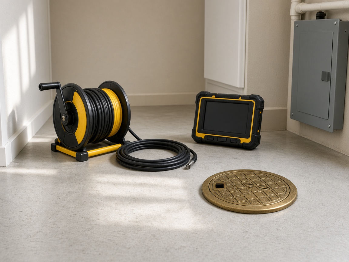 Drain inspection equipment staged beside a clean access point