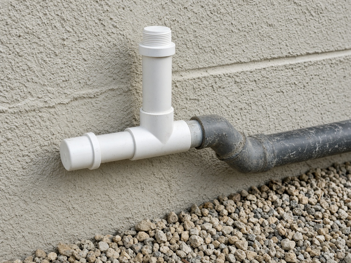 Residential cleanout and pipe junction at a building exterior